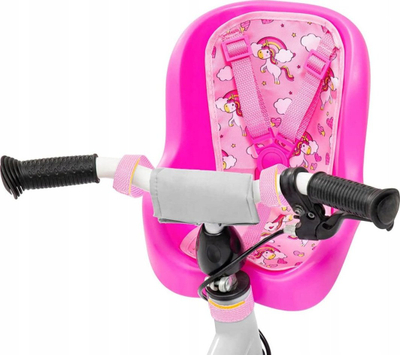 Седиште за велосипед за кукли Bayer Design, за кукли до 46 cm, розево со еднорог