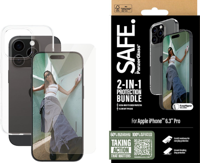 Set mbrojtës PanzerGlass SAFE 2 in 1 për iPhone 16 Pro, xham Ultra Wide Fit, maskë TPU e tejdukshme