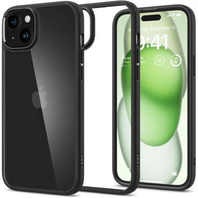Këllëf telefoni Spigen Ultra Hybrid për iPhone 15 Plus, transparent, i zi matte