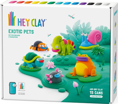 Set plasteline Tm Toys Hey Clay Exotic Animals, 15 kanaçe, 6 figura, shumëngjyrëshe