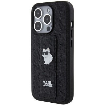 Kapak telefoni Karl Lagerfeld Gripstand Saffiano për iPhone 14 Pro, me stand, i zi