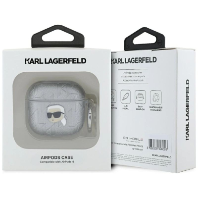 Mbulesë kufjesh Karl Lagerfeld Monogram Karl Head, për AirPods 4, me karabinë, ngjyrë argjendtë