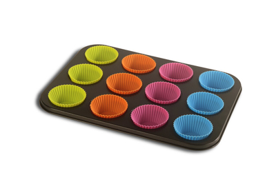 Tepsi për 12 muffins Vanora, me forma silikoni, 35x26.5x3cm, ngjyrë metalike