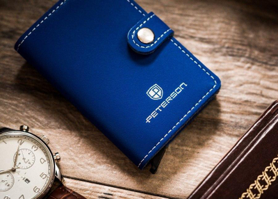 Portofol kartash Peterson Slim, lëkurë natyrale, RFID, blu