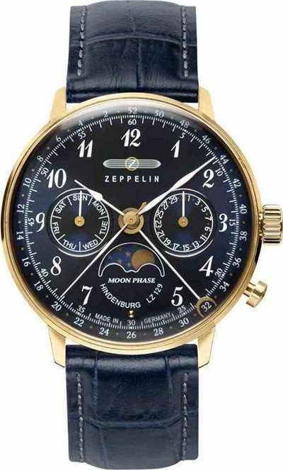 Ora dore Zeppelin Hindenburg LZ129 7039-2, 36mm, fazat e hënës, blu me ari