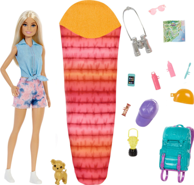 Kukull Barbie Camping Doll, me çantë shpine, me thes gjumi, shumëngjyrëshe