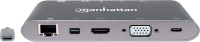 Dock USB C Manhattan me 8 porta, HDMI, VGA, RJ45, lexues kartash, gri