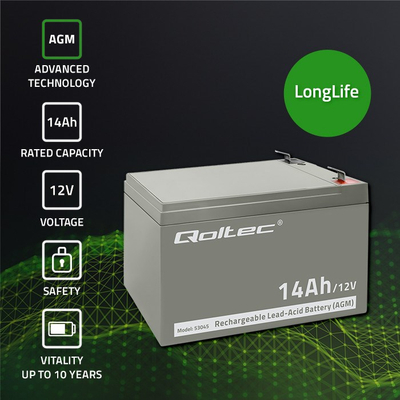 Bateri solare Qoltec VRLA AGM Buffer, 12V, 14Ah, e zezë