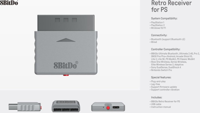 Adapter Bluetooth 8Bitdo Retro Receiver, për PS1 PS2 Windows, kompatibël me Xbox edhe PS5 PS4