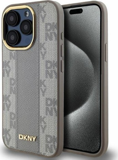 Mbulesë telefon DKNY PU Leather MagSafe për iPhone 15 Pro, dizajn me kuadrate, ngjyrë bezhë