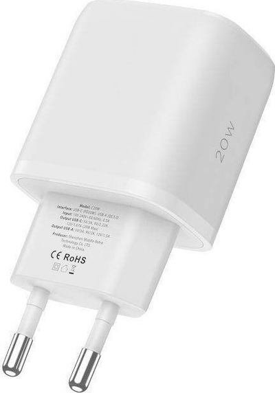 Karikues rrjeti Tech-Protect C20W, 20W PD QC 3.0, 2 porta, me kabllo USB-C, i bardhë