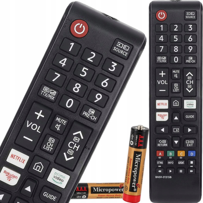 Pilot universal për TV Samsung BN59 01315B, butona Netflix Prime Video Rakuten TV, me bateri AAA, i zi