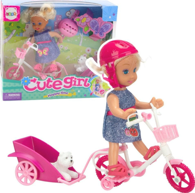Kukull mini Lean Toys, 11 cm, me biçikletë dhe qenush, shumëngjyrëshe