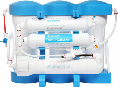 Filtri uji Ecosoft Pure AquaCalcium, osmozë e kundërt me 6 faza, mineralizim me kalcium, i bardhë me blu
