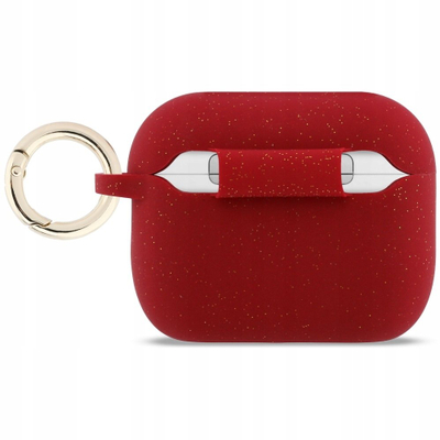 Kuti mbrojtëse Guess Silicone Glitter Ring Case për AirPods Pro 3, silikon, me karabinë, e kuqe me shkëlqim