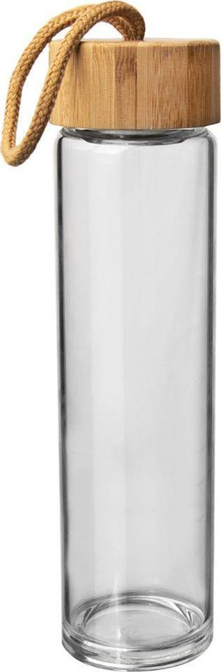 Shishe qelqi me sitë çeliku, 500 ml, kapak bambuje, transparente