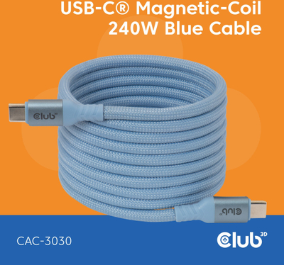 Kabllo USB C Club 3D CAC 1524, 240W PD 3.1, magnetike, blu