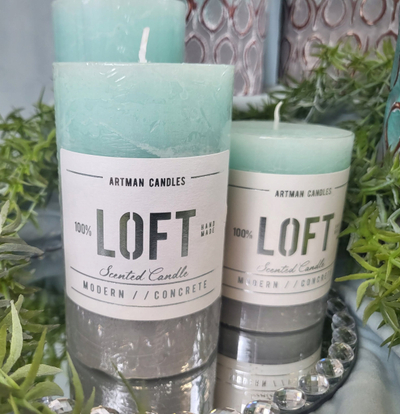 Qiri me aromë Artman Loft Medium Cylinder, më erë shafran e kanellë, turkeze me gri