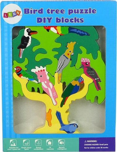 Puzzle druri LeanToys Wooden Tree Birds Parrots, pemë montuese, lodër edukative