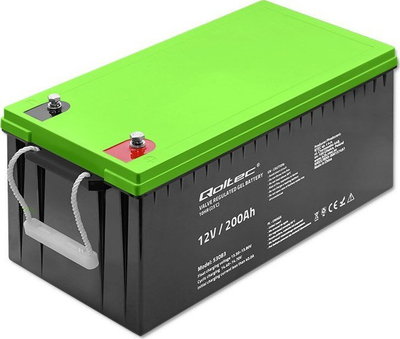 Bateri xhel plumbi Qoltec 12V 200Ah, për panele dielli, e zezë me kapak jeshil