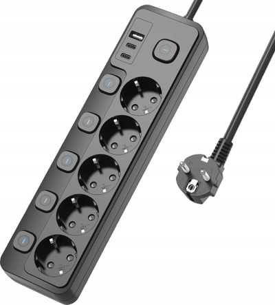 Zgjatues prizash Viking YC53S, 5x prizë F, 3x USB, 1.5 m, i zi