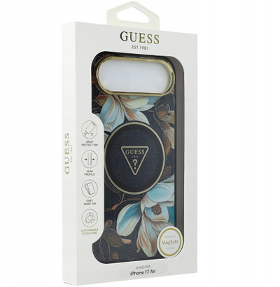 Mbrojtëse telefoni Guess Magsafe IML Glitter Flowers Triangle për iPhone 17 Pro, me kornizë metalike kamere, transparente
