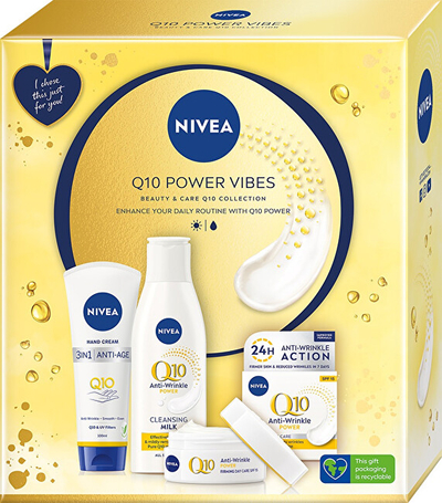 Set kozmetik për femra Nivea Q10 Power Vibes, krem duarsh kundër plakjes 100 ml + qumësht pastrues kundër rrudhave 200 ml + krem ditor kundër rrudhave 50 ml