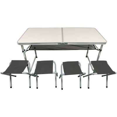 Set kampingu Energy Camp, tavolinë palos që bohet valixhe 120x60x70cm, 4 karrige, e bardhë