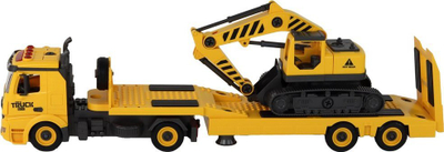Lodër ndërtimi Lean Toys Vehicle For Assembly 17197, kamion me vinç edhe eskavator, me drita edhe zëra, e verdhë