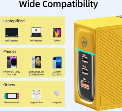 Karikues muri Wekome WP-U155, GaN 100W, 2x USB-C USB-A, i verdhë