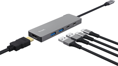 USB C концентратор Trust Dalyx 5 во 1, HDMI, Power Delivery 100W, сив