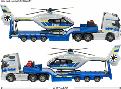 Set lodrash policie Majorette Volvo Truck edhe Airbus Helicopter, me drita edhe zhurma, 3 vjeç e lart, shumëngjyrëshe