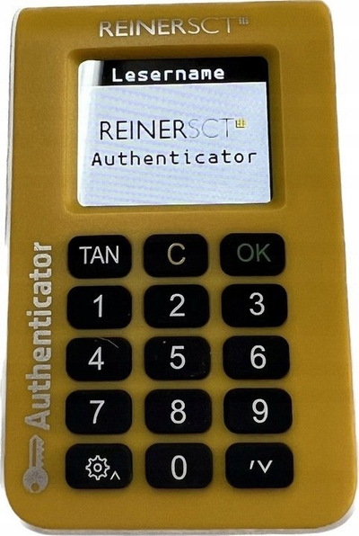 Lexues autentifikimi Reiner SCT Authenticator Reader, algoritme SHA-1 SHA-256 SHA-512, me bateri AAA, i bardhë i verdhë