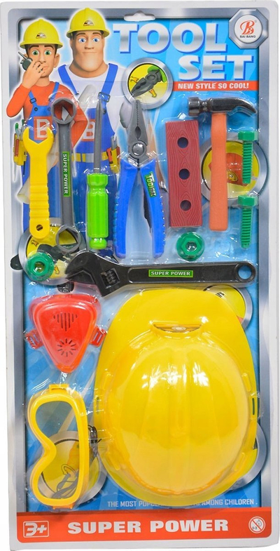 Set veglash për ndërtimtar Pegaz Toys Tool Set, me helmetë, plastikë, e verdhë
