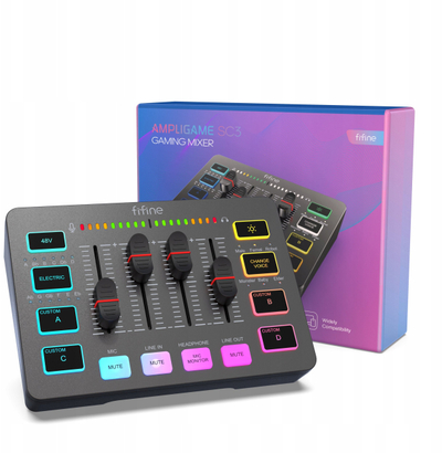 Mikser audio Fifine SC3, 2 kanale XLR, USB, RGB, i zi