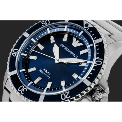 Часовник Emporio Armani AR11697 World Explorer Solar, 42mm, соларен хронограф, сребрен со сини детали
