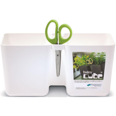 Vazo barishtesh Prosperplast Twins Cube, 2.5L, me gërshërë Herbs Cut, e bardhë