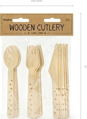 Set takëmesh druri Wooden Cutlery Golden Stars, 16cm, 18 copë, me yje të artë