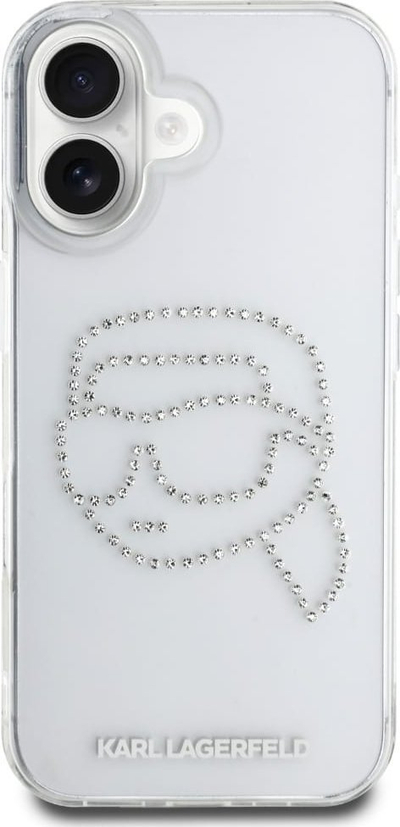 Mbulesë telefoni Karl Lagerfeld IML Rhinestones Karl Head, për iPhone 16 6.1", transparente