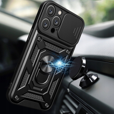 Maskë mbrojtëse Hybrid Armor Camshield për iPhone 16 Pro, me kapak kamere, me mbajtëse, e zezë