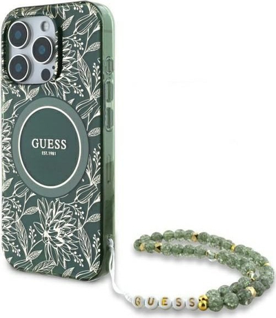 Mbulesë telefoni Guess IML Flowers Allover Electro with Pearl, për iPhone 16 Pro Max, MagSafe, jeshile