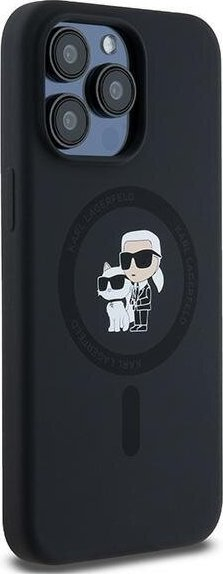 Kopertinë Karl Lagerfeld Liquid Silicone Karl and Choupette MagSafe për iPhone 15 Pro Max, silikoni i lëmuar, e zezë