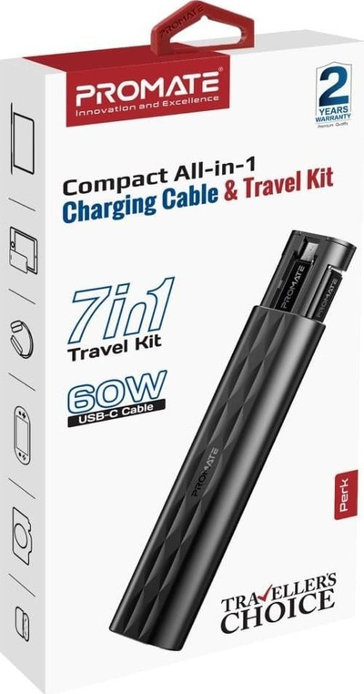 Сет за патување ProMate Perk Travel Kit, кабел USB C 0.29m, 60W, USB 3.2