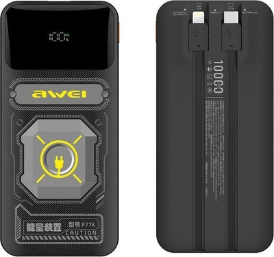 Powerbank Awei P77K, 10000mAh, me kabllo Lightning dhe USB C, ngjyrë e zezë