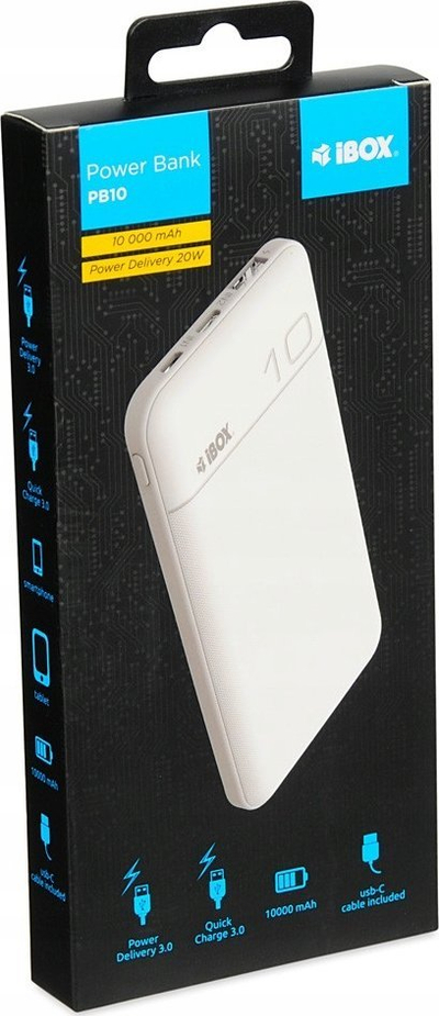 Powerbank iBOX IPB10, 10000mAh, me USB A dhe USB C, i bardhë