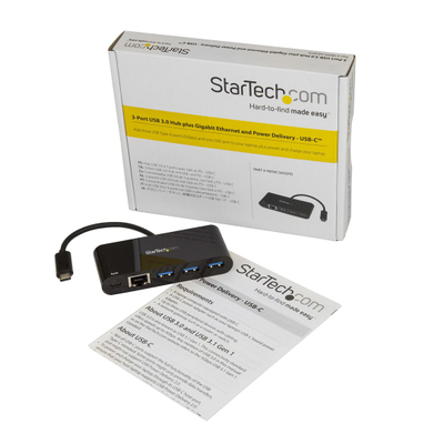 HUB USB StarTech 3 porta USB-C në USB-A, Gigabit Ethernet, Power Delivery 60W, i zi