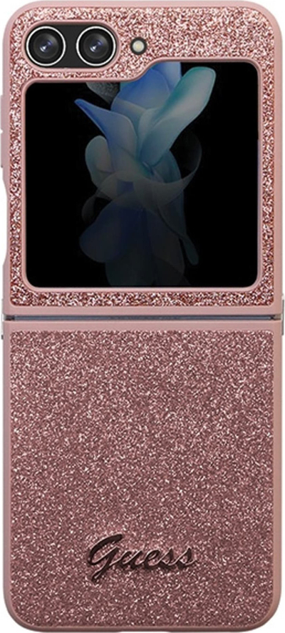 Mbulesë telefoni Guess për Samsung Galaxy Z Flip5, glitter, logo metalike, rozë