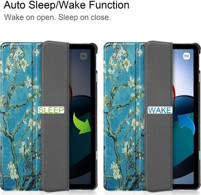 Kover tablet Xiaomi Redmi Pad, funksion auto sleep wake, me qëndrim, blu me dizajn lulesh