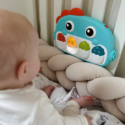 Lodër piano për bebe Woopie Baby Dino, 4 taste, me drita e muzikë, ngjyrë blu