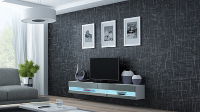 Komodinë TV Cama Meble RTV Vigo New 180, 180cm, e bardhë gri me shkëlqim